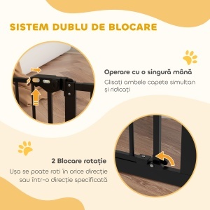 Poartă de Siguranță pentru Câini cu 2 Extensii, Lățime Reglabilă și Închidere Automată, 74x77cm, Negru - Img 6