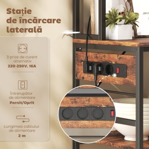 Raft de Bucătărie cu Stație de Încărcare și Rafturi Reglabile, Raft pentru Cuptor cu Microunde cu 5 Niveluri, Panou de Grilaj cu 10 Cârlige, Dulap Vintage din Oțel și PAL, 80x40x170 cm, Maro Rustic - Img 4