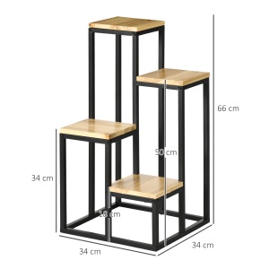 Raft pentru Plante cu 4 niveluri din Metal și Lemn de Brad pentru Interior și Exterior, 34x34x66 cm, Natural - Img 3