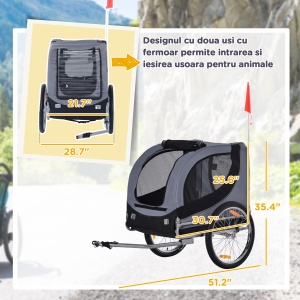 Remorcă Bicicletă pentru Câini Talie Medie cu Ferestre Laterale și Steag, 130x73x90 cm, Gri și Negru - Img 3