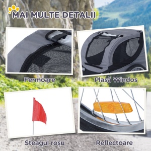 Remorcă Bicicletă pentru Câini Talie Medie cu Ferestre Laterale și Steag, 130x73x90 cm, Gri și Negru - Img 8