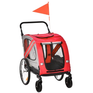 Remorca de bicicleta pentru caini 2-in-1 Carucior animal de companie Carucior bicicleta Atas de calatorie cu cadru de otel cu reflectoare universale de roti si steag rosu - Img 4