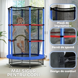 Saltea Elastică pentru Copii 3-6 Ani cu Plasă de Protecție, 6 Stâlpi și 3 Intrări, Ø140x190 cm, Albastru - Img 6