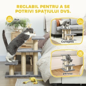 Scară pentru Câini și Pisici cu 3 Trepte din Pluș și Stâlpi Zgâriători din Sisal, Capacitate 10 kg, Gri - Img 5