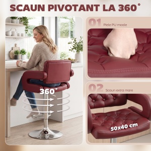 Scaun de Bar cu Înălțime Reglabilă, Scaun de Bucătărie Înalt din PU cu Spătar, Suport pentru Picioare, Cotiere și Șezut Confortabil, Structură Metalică, Rotativ la 360°, pentru Insulă, Roșu Vin - Img 5