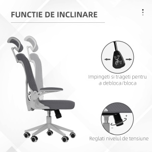 Scaun de Birou cu Inaltime Reglabila cu Tetiera, Suport Lombar si Cotiere Rabatabile, 65x64x120-130 cm, Gri si Negru - Img 5