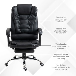 Scaun de Birou din Piele artificiala Neagra Inaltime Reglabila cu Spatar Rabatabil la 145° si Suport pentru Picioare, 64,5x69x117-127 cm - Img 7