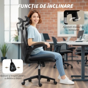 Scaun de Birou Ergonomic cu Brațe Rabatabile și Spătar Pliabil, Scaun pentru Birou cu Funcție de Balansare, Tetieră Reglabilă, Rotativ, Negru - Img 8