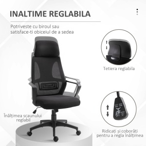 Scaun de Birou Ergonomic cu Brațe și Tetieră Reglabilă, Scaun Pivotant cu Suport Lombar, 64x55x116-126 cm, Negru - Img 4
