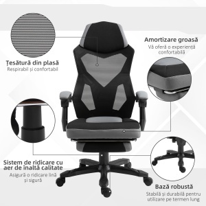 Scaun de Birou Ergonomic Reclinabil cu Suport Picioare Retractabil, Gri - Img 7