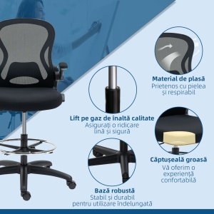Scaun de Birou Ergonomic, Scaun Rotativ din Plasă, Reglabil pe Înălțime cu Suport pentru Picioare și Cotiere Rabatabile, Capacitate 120kg, Negru - Img 9