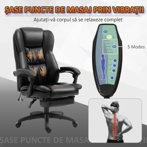 Scaun de birou, Scaun directorial, Scaun pivotant, cu functie de masaj, functie de inclinare, piele artificiala, spuma, plastic PP, nailon, negru, 68,5 x 68,5 x 119-127 cm - Img 4