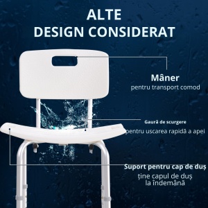 Scaun de Duș Antiderapant cu Spătar și Înălțime Reglabilă pe 8 Poziții, 50,6x43x71-88 cm, Alb - Img 8