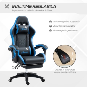 Scaun de gaming din piele ecologica PU si otel cu inaltime reglabila si spatar inclinabil, 65x65x121-129 cm, albastru si negru - Img 4