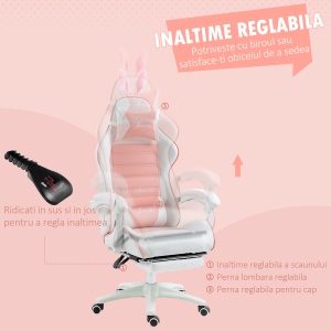 Scaun de Gaming Ergonomic cu Urechi de Iepure și Suport pentru Picioare Extensibil, 65x63x136-142 cm, Roz - Img 5