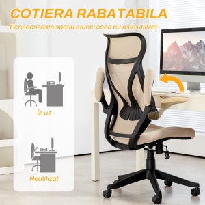 Scaun Ergonomic de Birou cu Brațe Rabatabile, Tetieră, Înălțime Reglabilă și Funcție de Leagăn, 66x66x121 cm, Bej - Img 4
