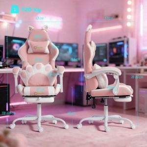 Scaun Gaming Fotoliu Gaming Ergonomic Rabatabil Suport Picioare Roz - Img 3