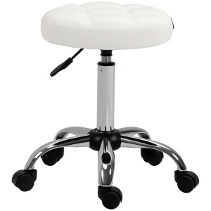 Scaun Rotativ cu Roti, Rotund, Scaun pentru Coafor și Estetician cu Înălțime Ajustabilă, Tapițat în Piele Ecologică, Ø35.5x51-67 cm, Alb - Img 1