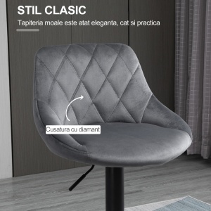 Scaune Bar x2 – Pivotante, Gri Catifelat, inaltime Reglabila - Img 6
