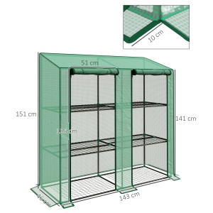 Seră de Grădină cu Copertină din PE, Seră cu Acoperiș Înclinat, 2 Uși Rulante și 6 Rafturi, 143x46x151cm, Verde - Img 3