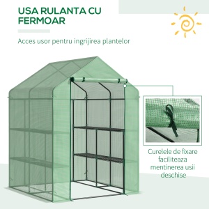 Sera de gradina cu rafturi, protectie din PE si usa care se ruleaza, 143L x 138l x 190H cm, verde - Img 5