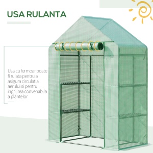 Sera de Gradina din Otel si Plastic PE cu 4 Rafturi, Franghii si Tarusi Inclusi, 141x72x191 cm, Verde - Img 6