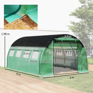 Seră de Grădină Tip Tunel 4x3x2 m cu Plasă de Umbrire, Seră pentru Grădină cu 8 Ferestre, 2 Uși și Pereți Laterali Rulanți, Cadru din Oțel și Acoperire din PE, pentru Legume și Flori, Verde - Img 3