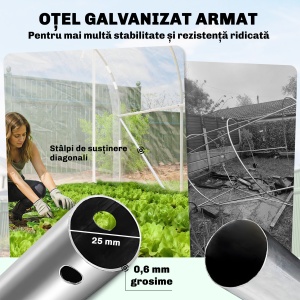 Seră tip tunel 2x3x2 m cu uși rulabile, cadru din oțel și acoperire din PE anti-UV, transparentă - Img 4