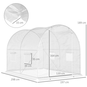 Seră Tunel cu 4 Ferestre şi Usă Rulantă cu Fermoar, Seră pentru Plante din Oţel Zincat şi Polietilenă, 3x2x1.9 m, Alb - Img 3