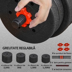 Set 2 Gantere cu 12 Discuri de 20 kg Total și Conector, Negru - Img 6