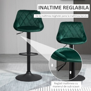 Set 2 Scaune Bar – Catifea Verde, Pivotante & Reglabile - Img 4