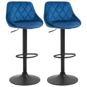 set 2 scaune de bar din efect de catifea,scaune insula bucatarie cu inaltime reglabila si pivotant, 51.5x48x83-104 cm, albastre - Img 1
