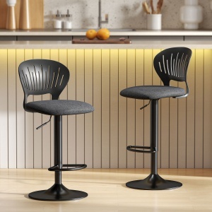Set 2 Scaune de Bar Reglabile, Scaune de Bucătărie Înalte din Material Textil cu Efect de In cu Spătar, Suport pentru Picioare și Șezut Moale, Cadru Metalic, Scaune Rotative la 360°, Negru - Img 2