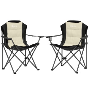 Set 2 Scaune Pliabile de Camping cu Suport Pahar și Genți Crem