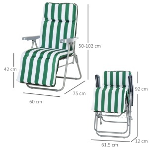 Set 2 sezlonguri de Gradina pentru Plaja cu Brate Reclinabile, Alb si Verde - Img 3