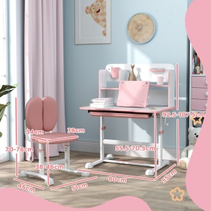 Set Birou pentru Copii 3-12 Ani Reglabil pe Înălțime și Blat Înclinabil la 45°, 80x55x107.5 cm, Culoare Roz - Img 3