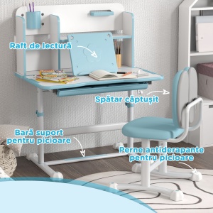 Set Birou și Scaun pentru Copii 3-12 Ani, Reglabil pe Înălțime cu Blat Înclinabil 0-45° 80×55×107,5 cm, Albastru - Img 7