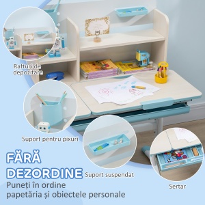 Set Birou și Scaun pentru Copii Reglabile, Inclinabilă la 60° cu Sertar, Rafturi și Suport, 3+ Ani, Albastru - Img 6