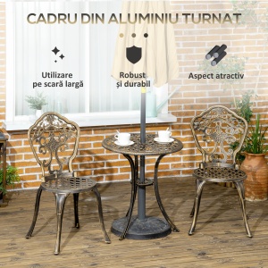 Set Bistrò de Grădină 3 Piese cu 2 Scaune de Grădină și Masă Rotundă cu Orificiu pentru Umbrelă, Set Masă și Scaune de Grădină din Aluminiu, pentru Terasă, Curte, Exterior, Bronz - Img 5