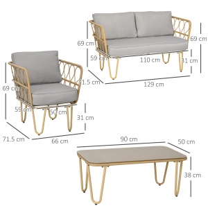 Set canapea din ratan PE din 4 piese, Seturi de mobilier de conversatie pentru gradina impletite, cu impletitura rotunda, cu perne groase capitonate si masuta cu sticla pentru balcon - Img 3