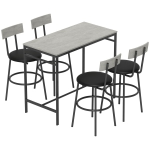 Set cu Masă Înaltă și 4 Scaune de Bar cu Spătar Stil Industrial Gri