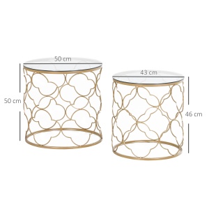 Set de 2 Masute pentru Salon care se pot Stivui Art Deco, Masute de Cafea din Metal cu Blat din Sticla Securizata, Auriu - Img 3