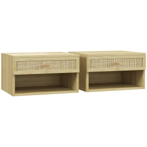 Set de 2 Noptiere Plutitoare, Noptiere cu Sertar din Ratan și Raft Deschis pentru Dormitor, 40x34x23 cm, Lemn Natural - Img 1