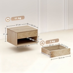 Set de 2 Noptiere Suspendate cu Sertar și Compartiment 37x32x21 cm Lemn Natural - Img 3