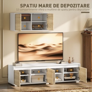 Set de 2 Piese pentru Televizor cu Dulap de Perete, Unitate de Divertisment Independenta pentru Televizoare de 70 de inci, cu Rafturi Reglabile si Gauri pentru Cabluri, Natur - Img 5