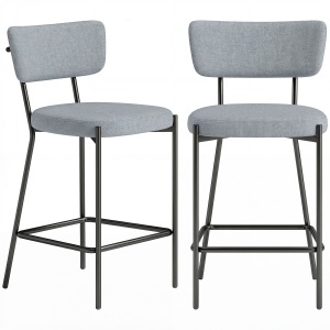 Set de 2 Scaune de Bar cu Spătar și Tapițate, Scaune Înalte din Material Textil cu Suport pentru Picioare Integrat și Structură din Metal, Ușor de Montat, Scaune pentru Bucătărie și Living, Gri Deschis