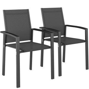 Set de 2 Scaune de Grădină cu Cadru din Aluminiu, Plasă Respirabilă și Cotiere, 56x58x89 cm, Gri Închis