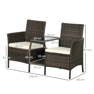 Set de 2 Scaune din Ratan cu Măsuță de Ceai, Canapea pentru 2 Persoane pentru Exterior cu Perne, 38x60x87 cm, Maro - Img 3
