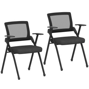 Set de 2 Scaune Pliabile din Material cu Efect de In cu Spătar Curbat și Cotiere, Scaune Pliabile Economice Portabile din Oțel, pentru Casă, Birou, Bucătărie, Evenimente, 61x56x84 cm, Negru - Img 1