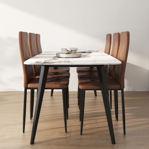 Set de 6 Scaune de Dining Moderne cu Spătar Înalt, din Piele Ecologică și Oțel, 41x50x97 cm, Maro - Img 9